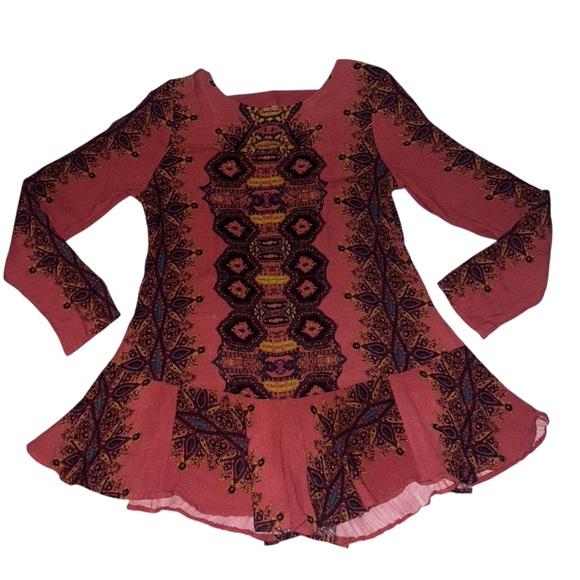 Free People Dresses & Skirts - EUC Free People Abstract Long Sleeve Mini Dress Cut Out Back Medium Ruffle